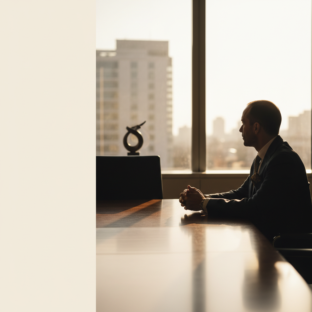 Silhouetted executive at a boardroom table contemplating intangible asset lending strategy