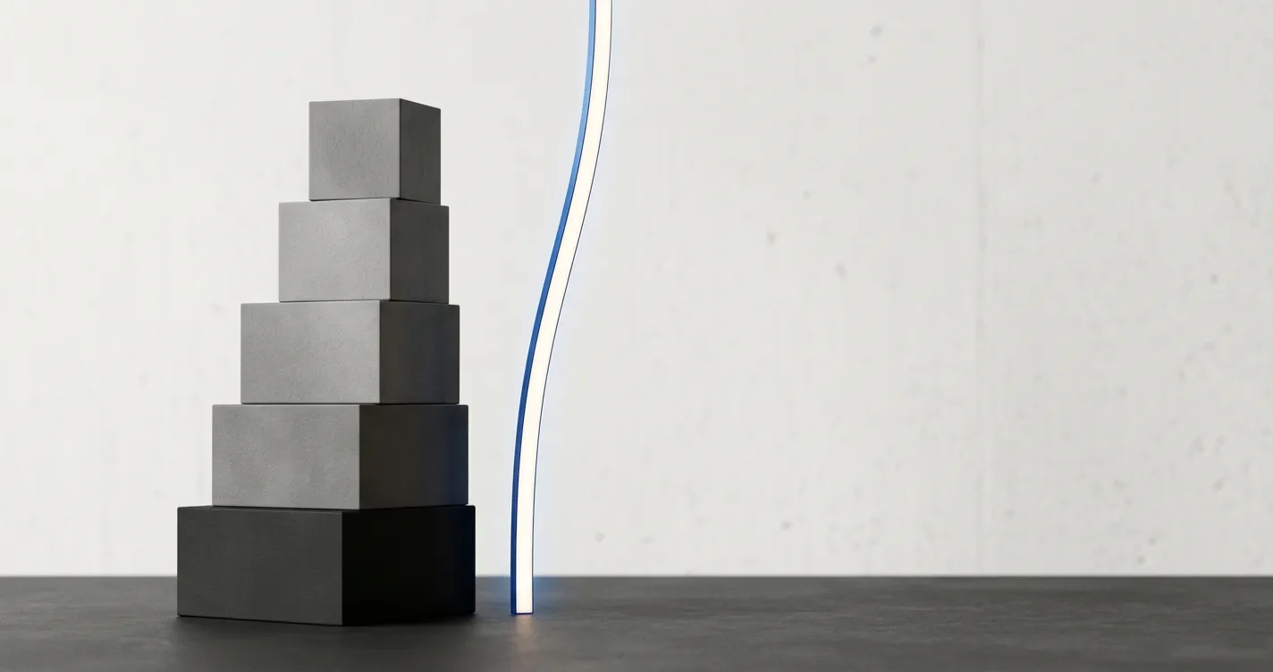 Ascending stacked blocks beside a rising ribbon of light, representing Series B readiness and compounding growth