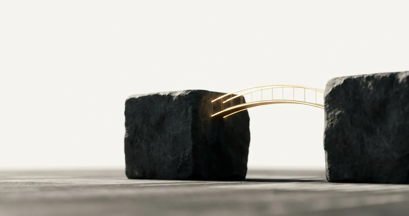 A gold footbridge spanning two dark stone blocks, representing a bridge round crossing a funding runway gap