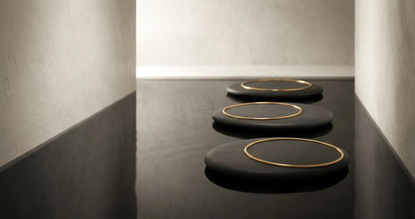 Three stepping stones receding across a dark reflective surface, representing a measured bridge-round crossing between funding rounds