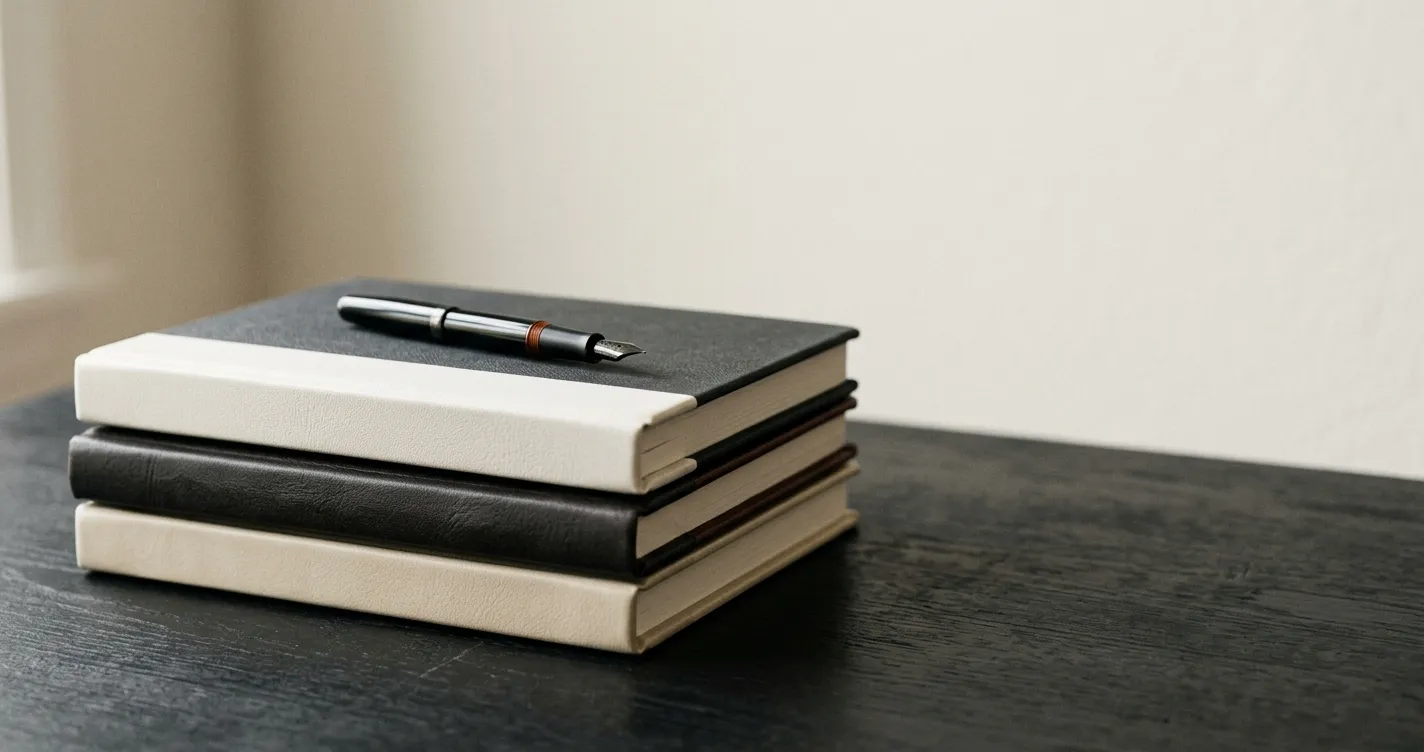 Stacked ledger volumes with a fountain pen resting on top, representing a diligence-ready CFO financial stack