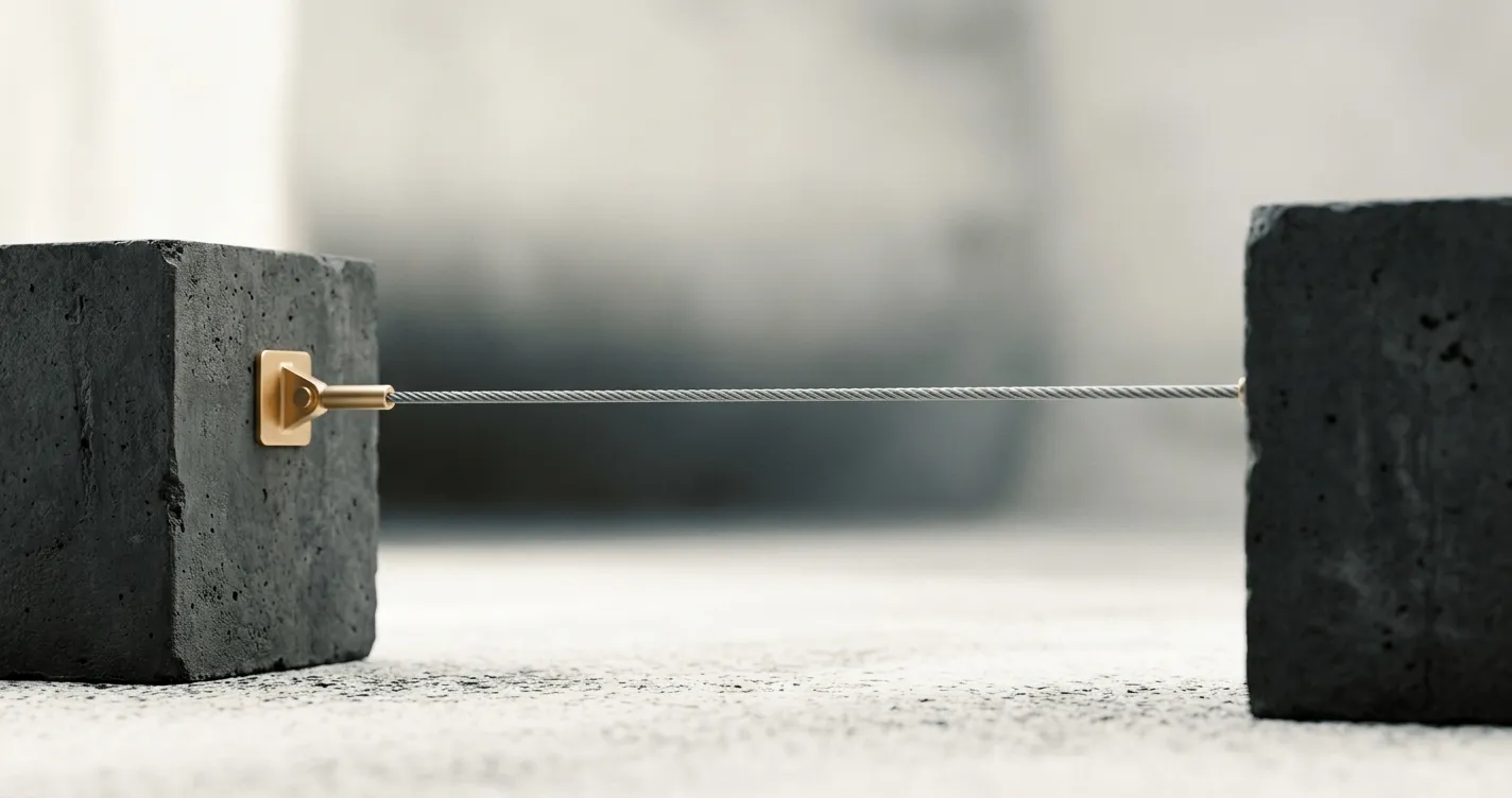 A taut cable spanning two anchor blocks, representing bridge financing across a runway gap