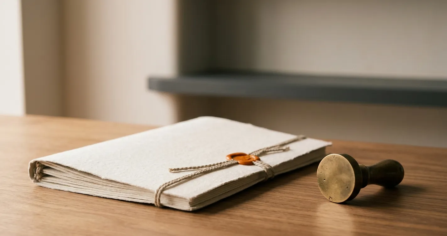 A corded document portfolio and a brass seal on a warm desk, representing readiness before the first institutional round