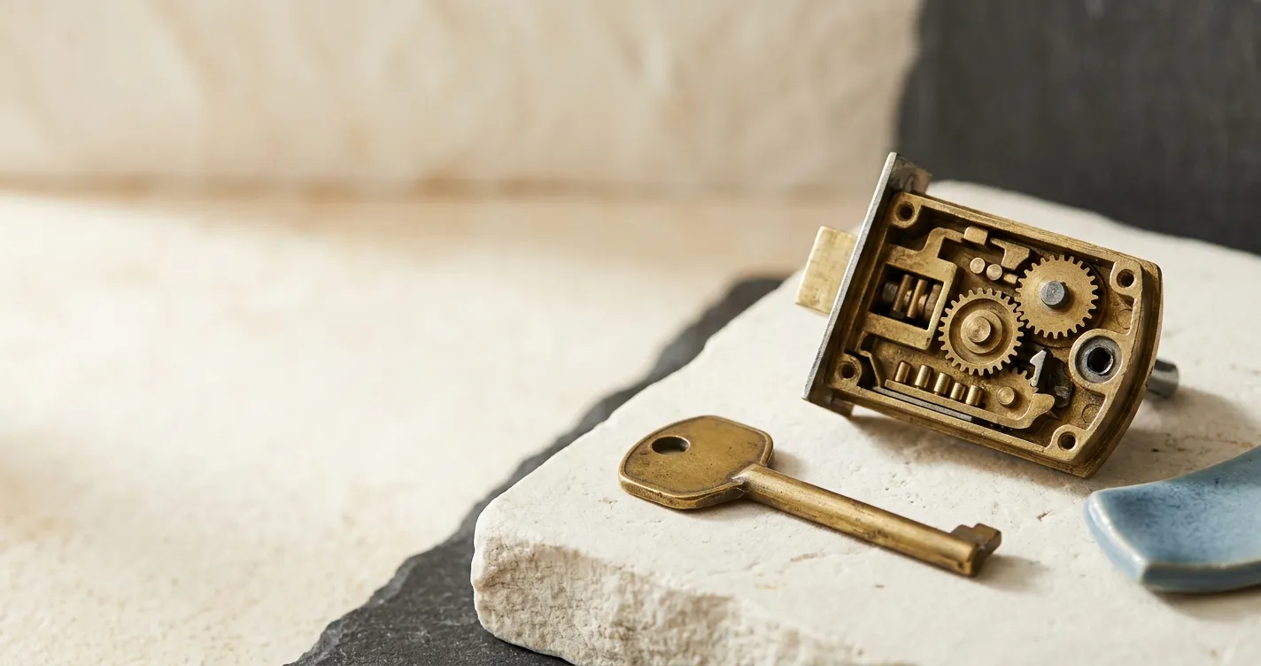 A brass key beside an open lock mechanism, representing converting warm intros into a Series A term sheet