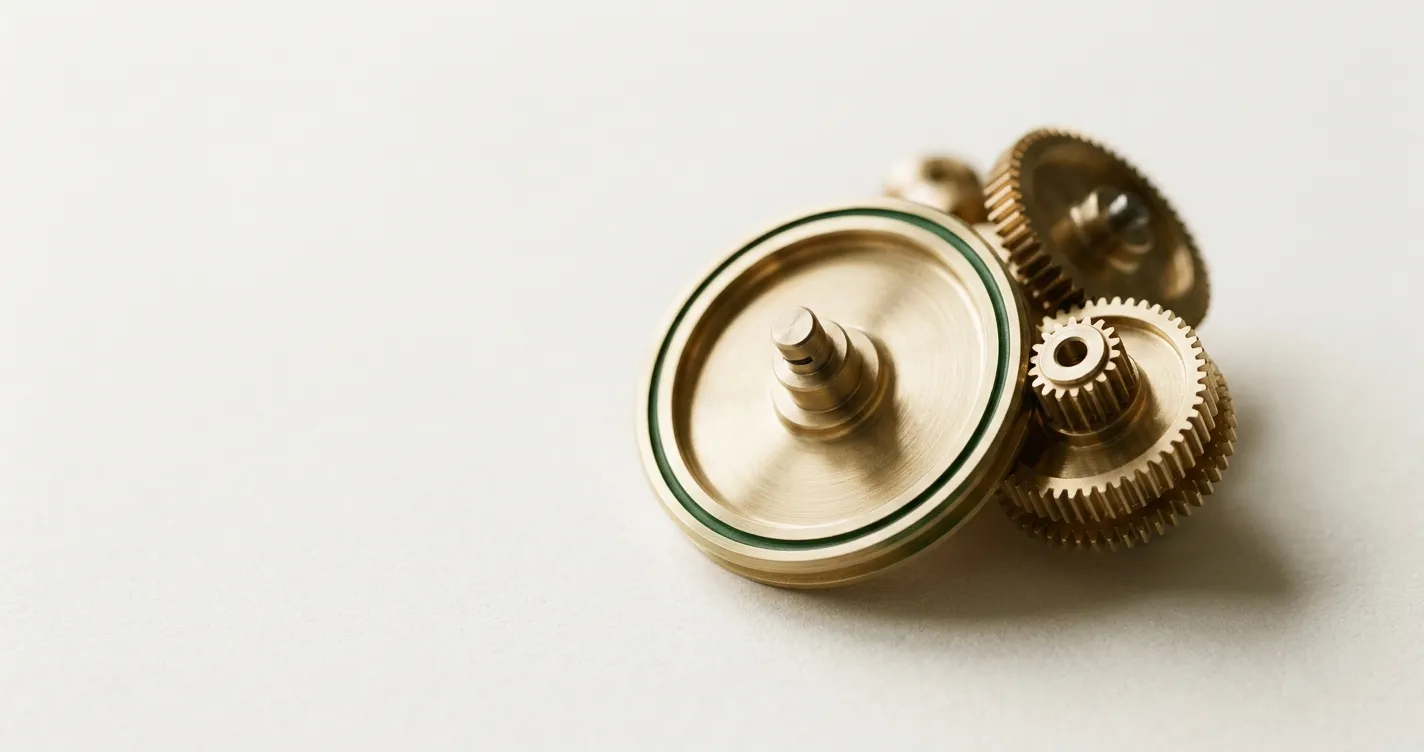 Interlocking brass gears and a flywheel, representing a finely tuned Series B scale-up operating engine