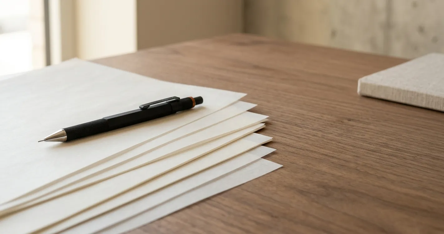 Layered document sheets and a fountain pen on a warm desk, representing a prepared Series A institutional evidence file
