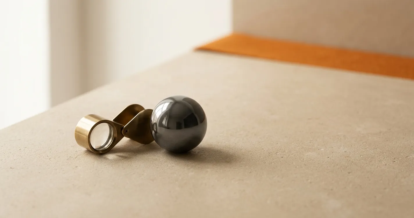 A jeweller's loupe beside a polished dark sphere on a warm desk, representing close institutional scrutiny of a Series A business