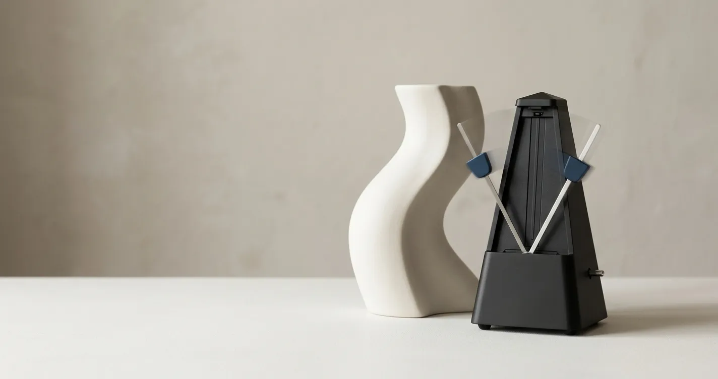 A metronome beside a smooth white sculptural form, representing the efficient compounding rhythm a Series B is priced on