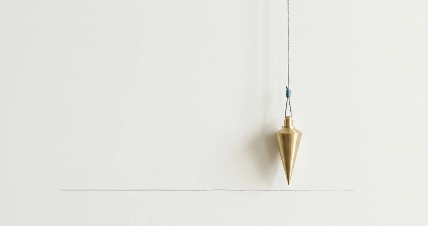 A brass plumb bob hanging above a marked baseline, representing an evidence-anchored, defensible scaleup valuation