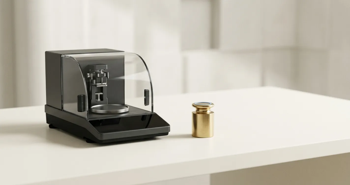 A precision measuring instrument beside a brass calibration weight, representing defensible startup valuation rigour