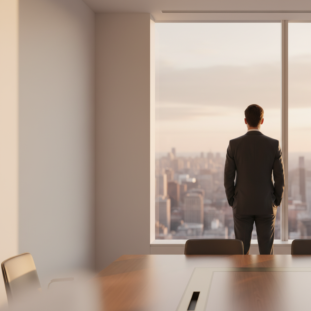 Founder at a boardroom window looking out at morning cityscape, having decided on non-dilutive growth finance