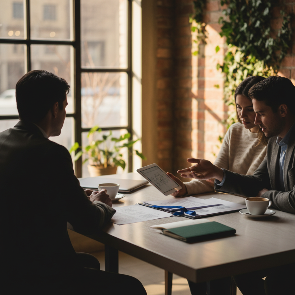 Founder and advisor discussing IP loan options at a high-end coffee shop with documents